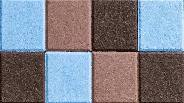 Geometric pattern of blue and brown square paving stones creating a modern textured outdoor background