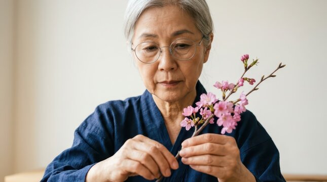 Seniors actively enjoy creative hobbies every day. An elegant senior woman arranges delicate blooming branches into a beautiful composition.