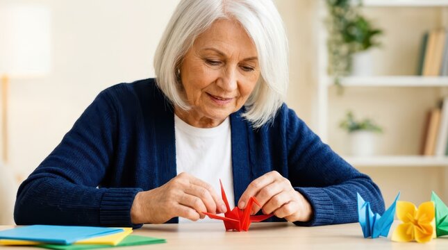 Seniors actively enjoy creative hobbies every day. A focused older woman meticulously folds a piece of red paper into an origami shape.