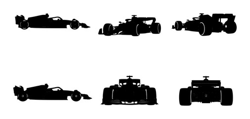Naklejka premium Formula 1 Race Car Silhouettes, Multiple Views: Side, Front, Rear, Dynamic Speed Vector Graphics for Motorsport Design