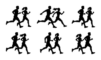 Obraz premium Running Couple Silhouettes, Dynamic Motion Vector Set, Active Lifestyle Pairs, Fitness & Health Graphics, Black & White Figures