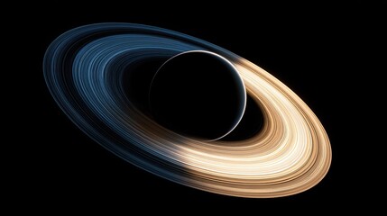 A celestial body with prominent, illuminated rings against a dark void
