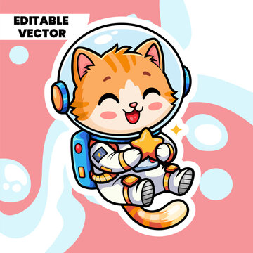 Cute Cat Astronaut Floating In Space Holding Star Vector Cartoon Character Sticker Graphic Design Illustration