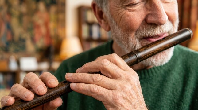 Seniors actively enjoy creative hobbies every day. A mature man finds peace playing a melody on a traditional wooden flute.