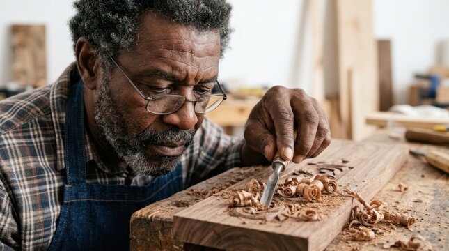 Seniors actively enjoy creative hobbies every day. A skilled elderly man uses a sharp chisel to carve a piece of natural wood.
