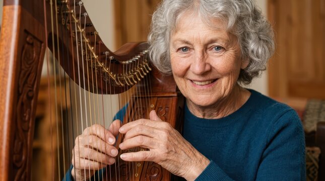 Seniors actively enjoy creative hobbies every day. A smiling senior woman gracefully plays a beautiful wooden harp at home.