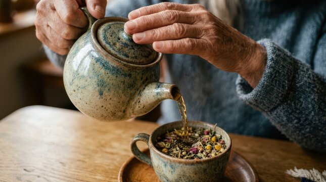 Seniors actively engage in daily household routines. An older person pours hot water from a ceramic teapot into a cup filled with dried herbs.