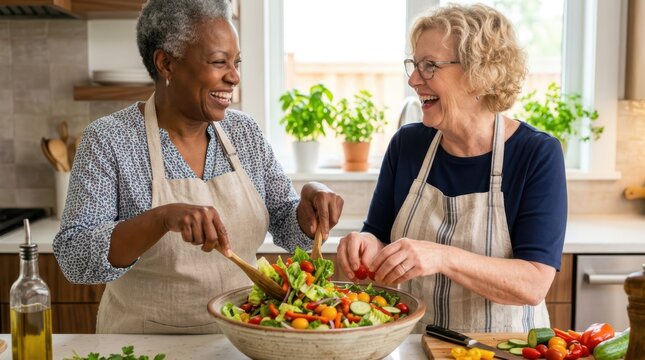 Seniors actively engage in daily household routines. Two diverse senior women smile while mixing a fresh vegetable salad together in the kitchen.