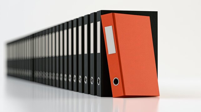 Row of identical black binders with one distinct orange binder