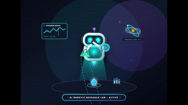 A futuristic digital illustration of an AI robotic research lab featuring a central robot character surrounded by data visualization charts, scientific icons, and a glowing neon UI interface
