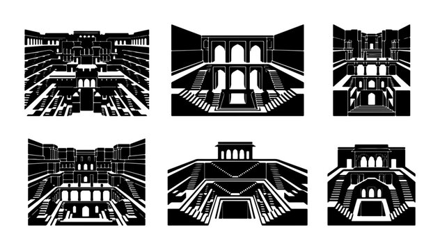 Architectural Stepwells, Ancient Indian Wells, Geometric Building Designs, Black and White Vector Graphics, Historical Structures