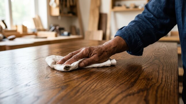 Seniors actively engage in daily household routines. Close up of an elderly person's hands using a cloth to polish a wooden table surface.