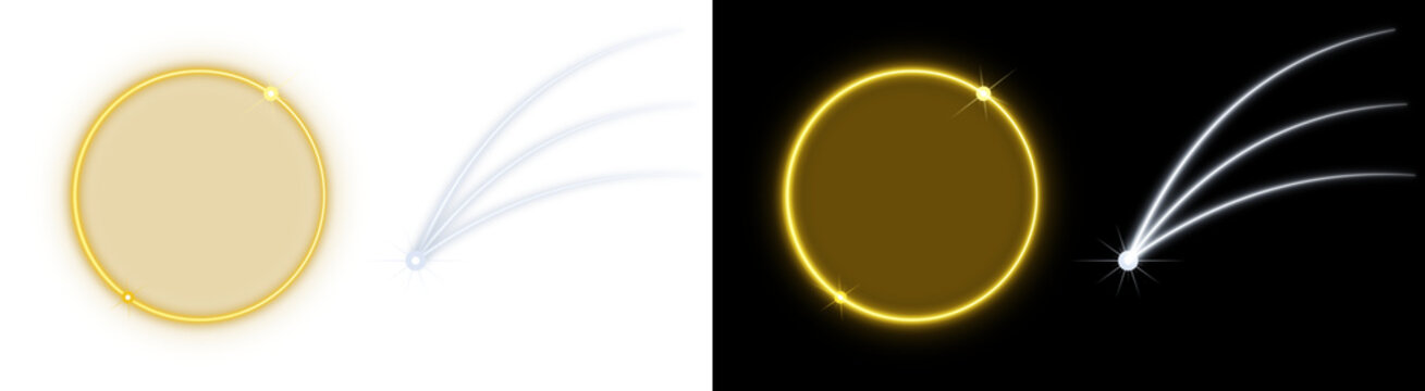 Golden circular ring and triple comet tail light effect for astronomy themes and dynamic digital compositions isolated on a transparent background