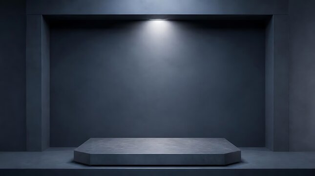 Empty dark stage with spotlight and podium for presentation.