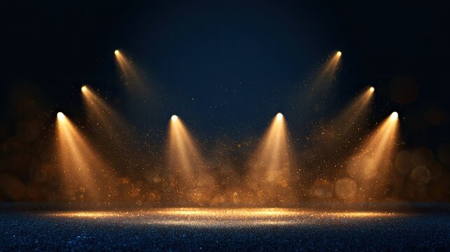 Illuminated stage with golden spotlights on a dark, sparkling floor