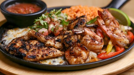 Fototapeta premium A sizzling plate of grilled shrimp and chicken with colorful vegetables rice and salsa on a wooden serving board