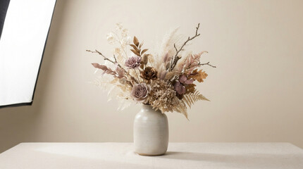 Fototapeta premium Dried floral arrangement in a ceramic vase for modern home decor and interior design.