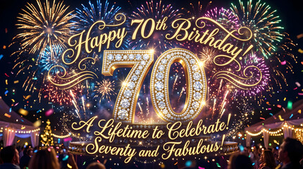 Naklejka premium 70th Birthday Celebration with Fireworks and Elegant Text Overlay