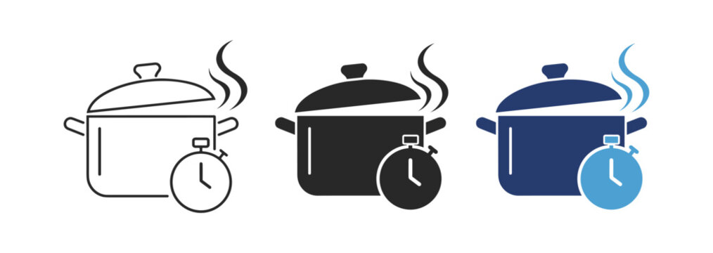 Cooking pot timer icon set with steaming cookware and clock in outline, solid black and blue vector styles