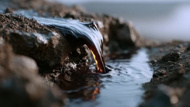 Oil Seepage: Crude oil oozes from the earth, contaminating a small stream and highlighting environmental concerns and the impact of resource extraction.