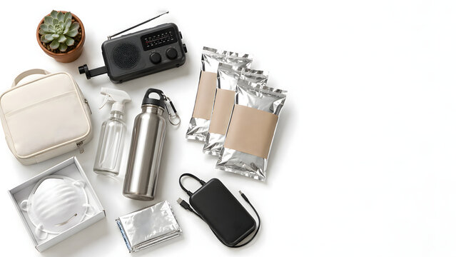 Organized Travel Essentials and Reusable Accessories on White Background