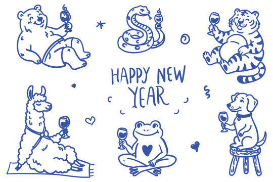 Cute hand drawn animals celebrating new year with wine glasses