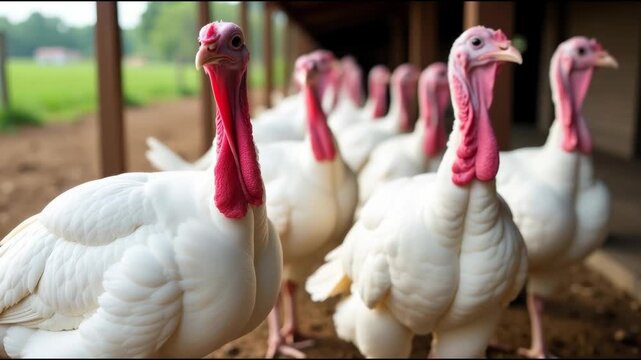 Group of white turkeys standing in a pen, great for farm or agricultural themed