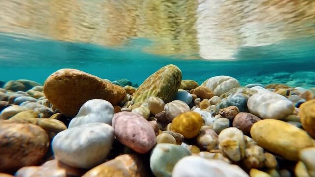 Underwater Riverbed Pebbles: A vibrant underwater view of smooth, colorful pebbles resting on the riverbed, with the shimmering surface of clear blue water above.