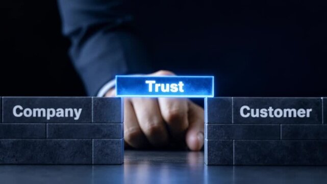Business concept of trust bridging company and customer with glowing block and hand