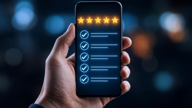 Hand holding smartphone with five star rating and checklist on screen for positive customer review concept
