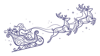 Fototapeta premium Elegant line art santa claus flying on sleigh with galloping reindeer for christmas greeting card design vector illustration on transparent background.
