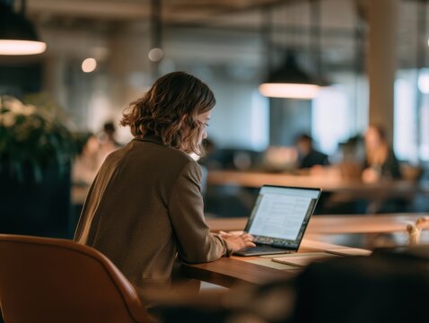 young professional woman working on laptop in modern open space office evening freelance task corporate environment focused female entrepreneur remote workflow digital nomad business workstation