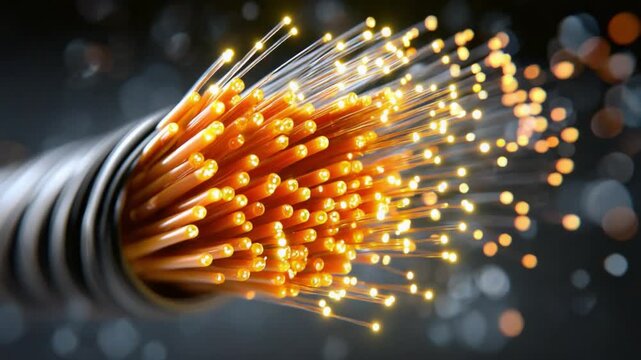 Glowing Fiber Optic Strands: A close-up of bright, illuminated fiber optic strands, symbolizing rapid data transfer and high-speed communication technology.