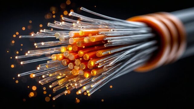 Fiber Optic Cable with Light Streaks: A close-up macro shot showcases the intricate bundle of fiber optic strands, emitting a vibrant orange glow with delicate light streaks.