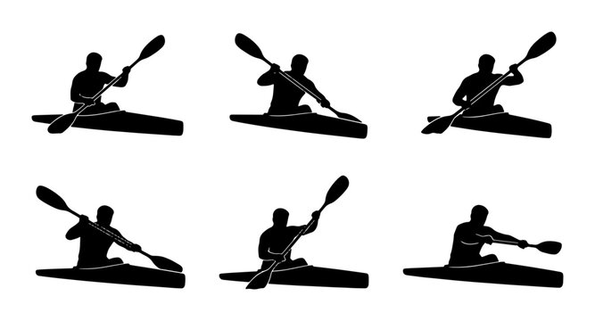 Kayaking Action Set: Six Silhouette Poses of Paddlers in Motion, Vector Graphics for Water Sports and Recreation