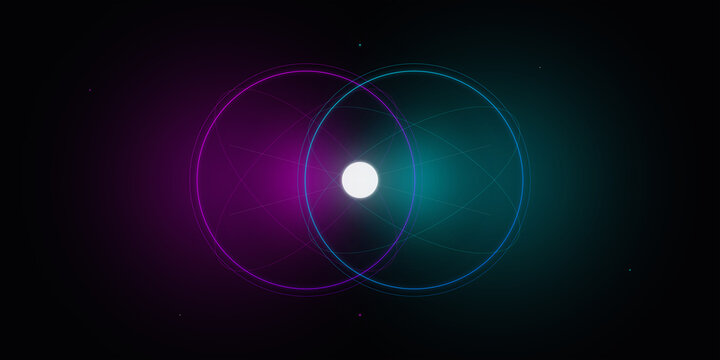 Neon intersecting circles with central glowing sphere abstract graphic on transparent background
