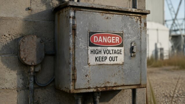 Industrial gray metal electrical box mounted on a cinder block wall displaying a danger high voltage keep out sign with conduit pipes and wiring near an outdoor industrial utility facility