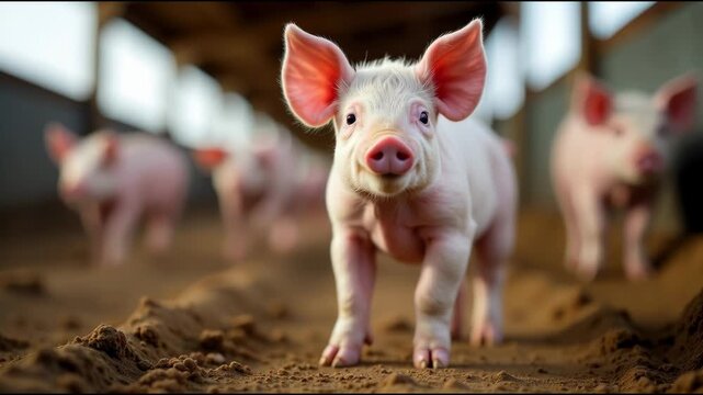 A small pig standing in dirt with other pigs in the background