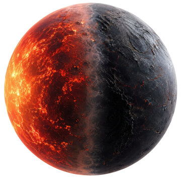 3D render of a tidally locked exoplanet with molten lava and dark rocky surface isolated on transparent background