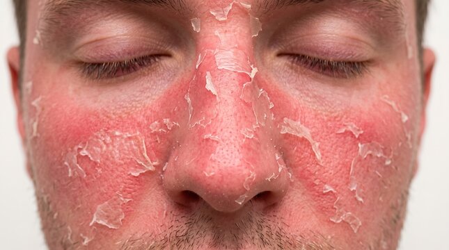 Extreme skin peeling on male face after severe sunburn or chemical peel