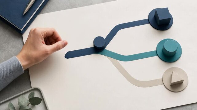 Creative business strategy concept with hand organizing pathway blocks on white background