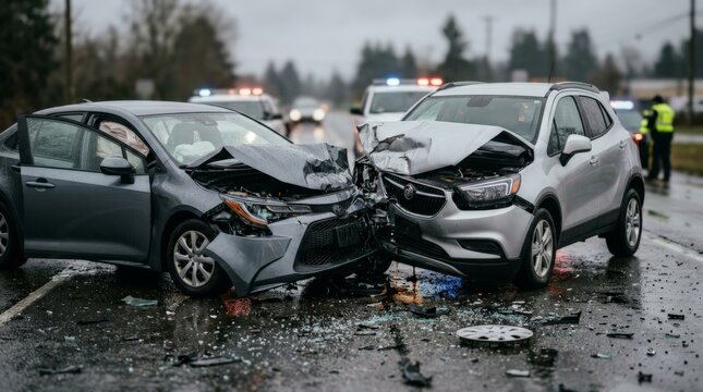 A devastating car crash road accident between two damaged sedans is captured on a wet highway, showcasing severe front-end destruction, deployed airbags, and emergency response vehicles in