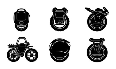 Electric Unicycle and Motorcycle Icons, Vector Set: Personal Mobility, Future Transport, Urban Commute, Safety Gear © Tasnia
