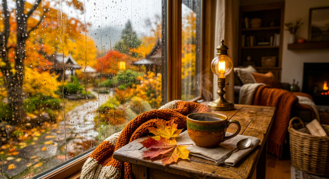 Cozy Autumn Rainy Window Scene with Tea and Colorful Maple Leaves