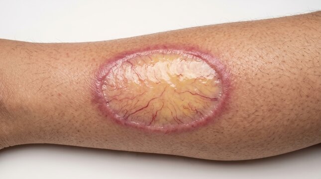 Oval healing second degree burn wound or skin ulcer on human arm