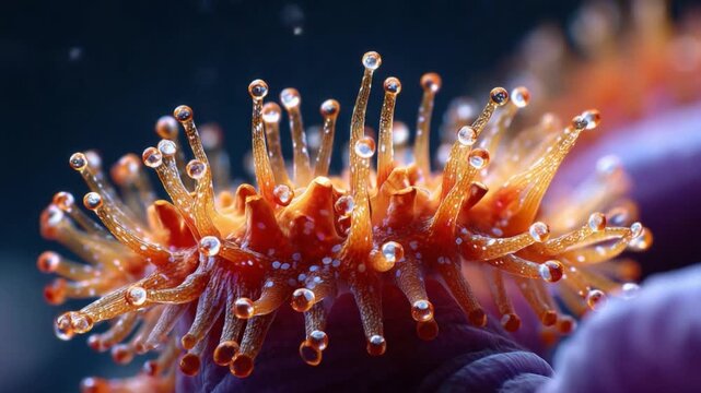 Coral Bloom: An intricate, close-up view reveals the delicate beauty of coral polyps, their tentacles extended like a miniature underwater garden, showcasing vibrant color and complex structure.