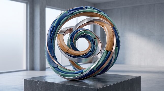 Abstract metallic sculpture in a modern interior art gallery-(Patung logam abstrak di galeri seni interior modern)
