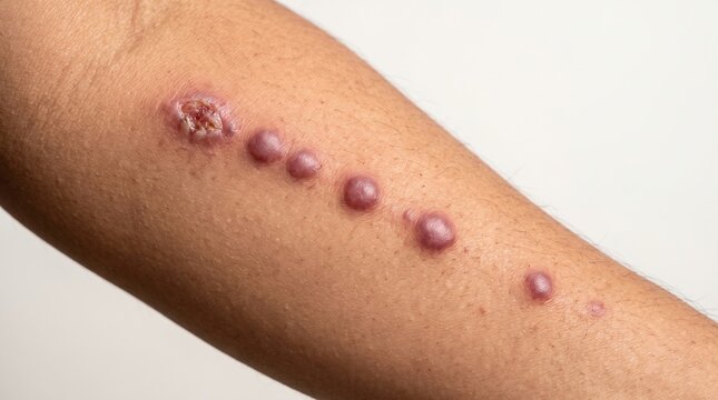 Macro close up of a linear track of purple nodules and blisters on human arm, sporotrichosis or viral skin infection concept.