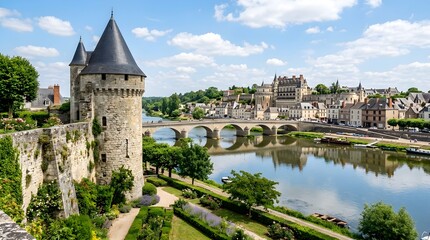 Fototapeta premium Scenic medieval castle and ancient town along a tranquil river, with a historic bridge under a clear blue sky, embodying European architectural beauty