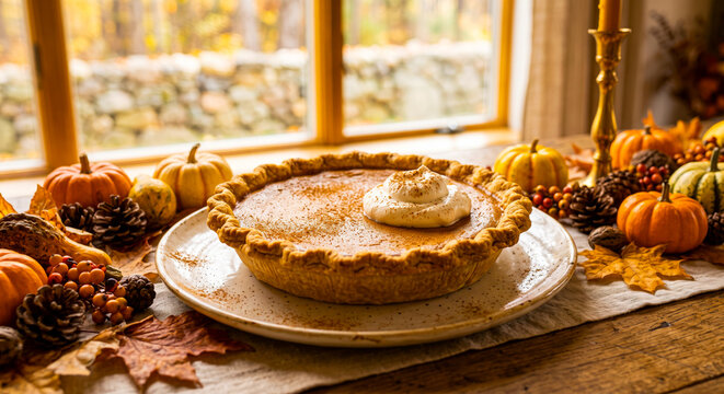 Fresh Pumpkin Pie with Cinnamon and Autumn Decorations for Thanksgiving